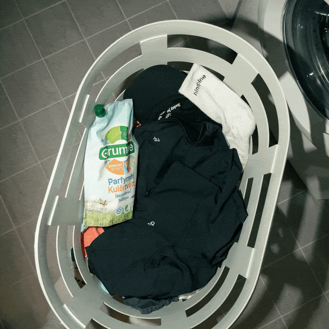 Laundry basket with activewear inside and a washing machine